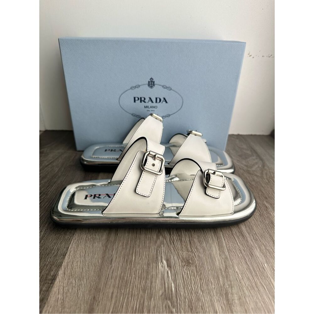 PRADA Natural 20mm Double Buckle Slide Sandal With Metallic Soles In Bianco US40 - Picture 5 of 11